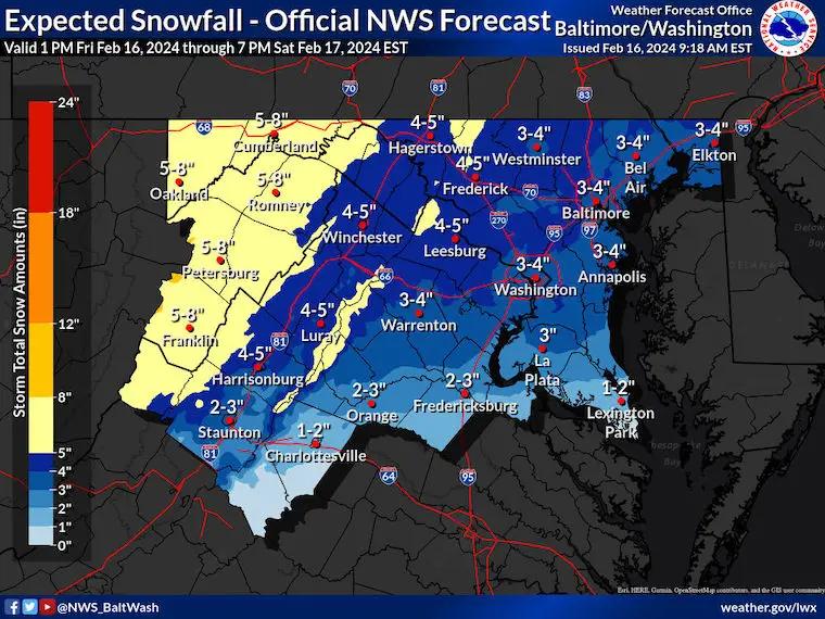 February 16 snow forecast Virginia NWS