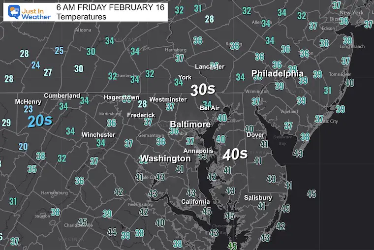 February 16 weather temperatures Friday morning