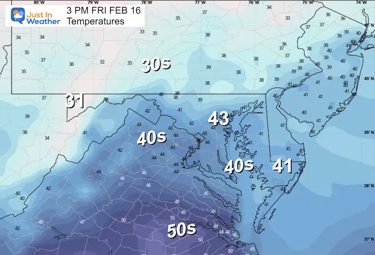February 16 weather temperatures Friday afternoon