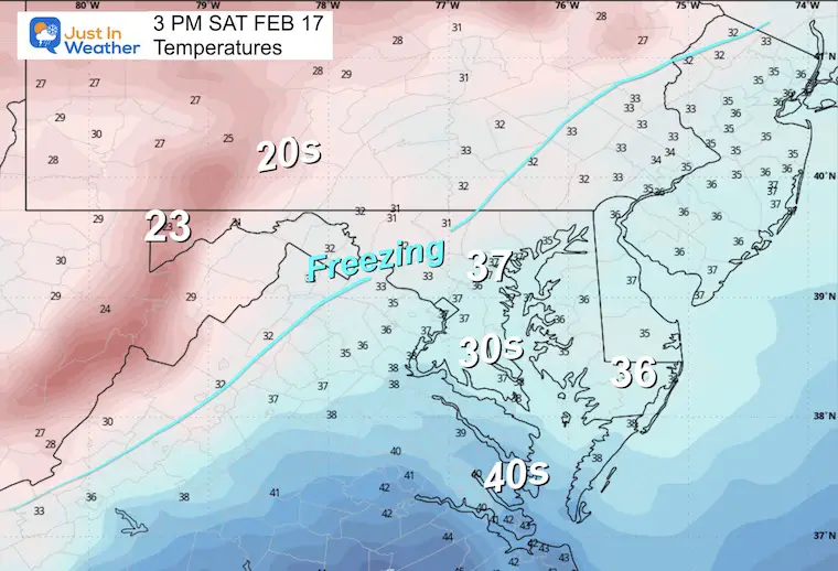 February 16 weather forecast temperatures Saturday afternoon