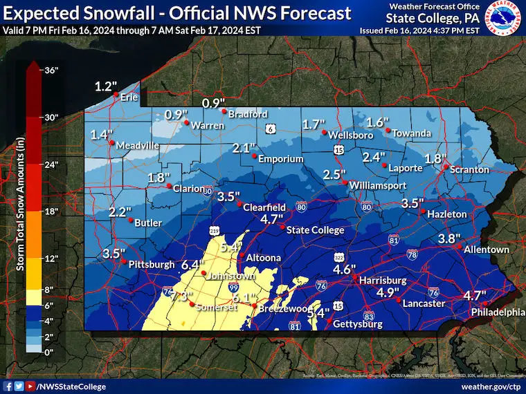 February 17 snow Pennsylvania National Weather Service 