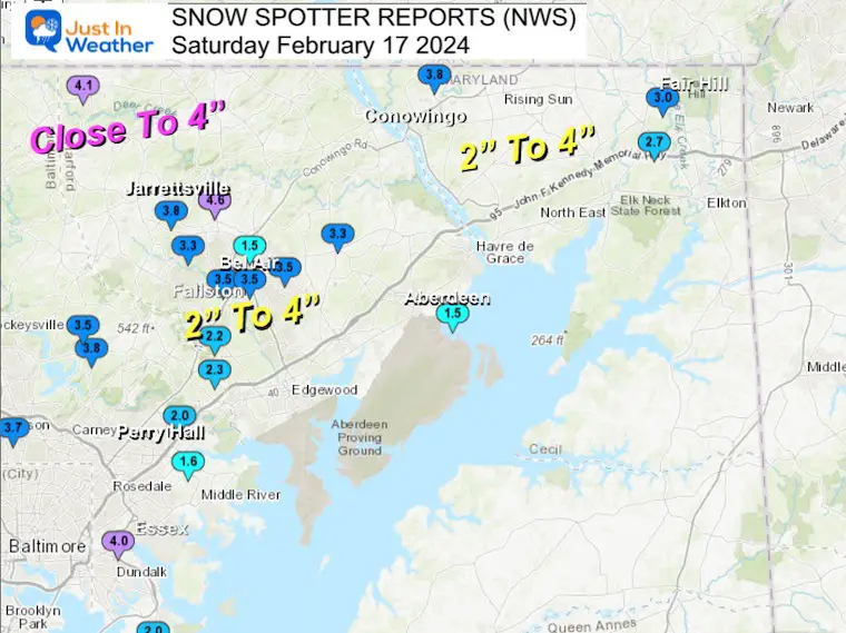 February 17 Snow Spotter Storm Reports Maryland Northeast