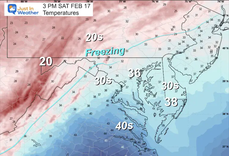 February 17 weather temperatures Saturday afternoon