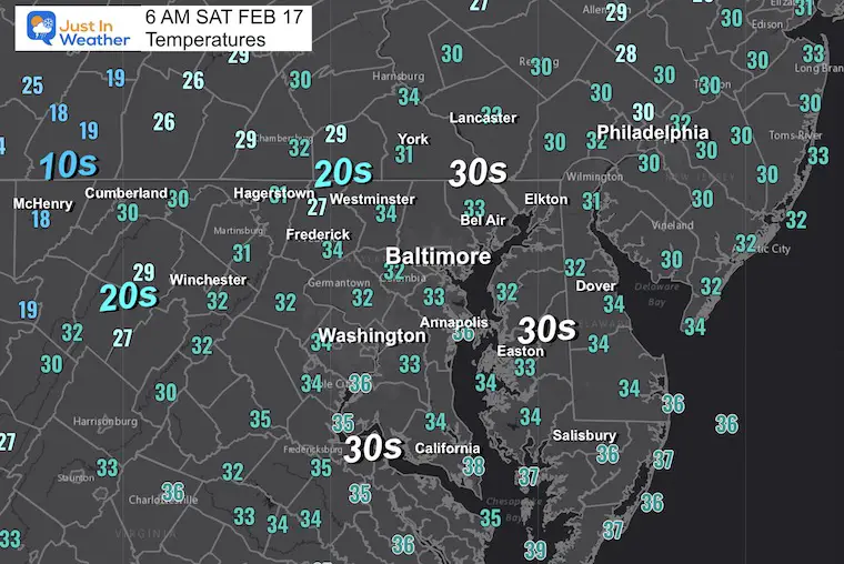 February 17 weather temperatures Saturday morning