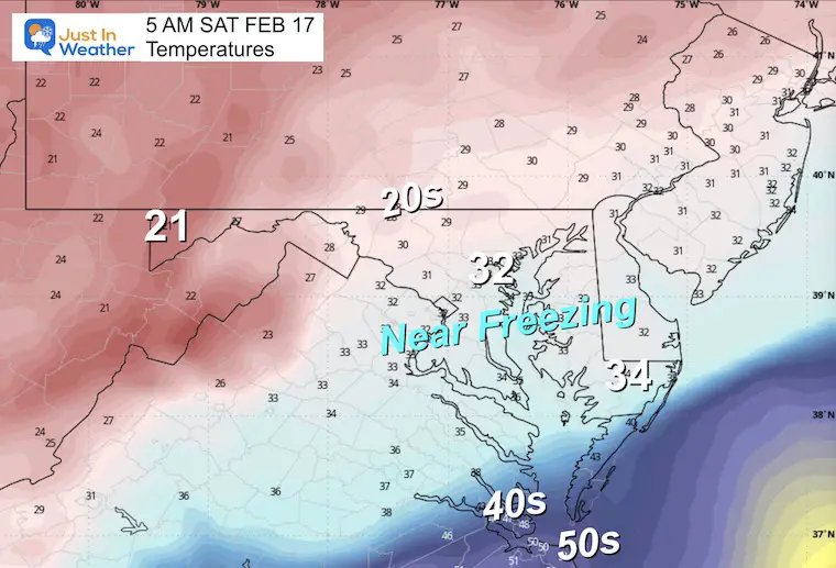 February 17 weather temperatures Saturday morning