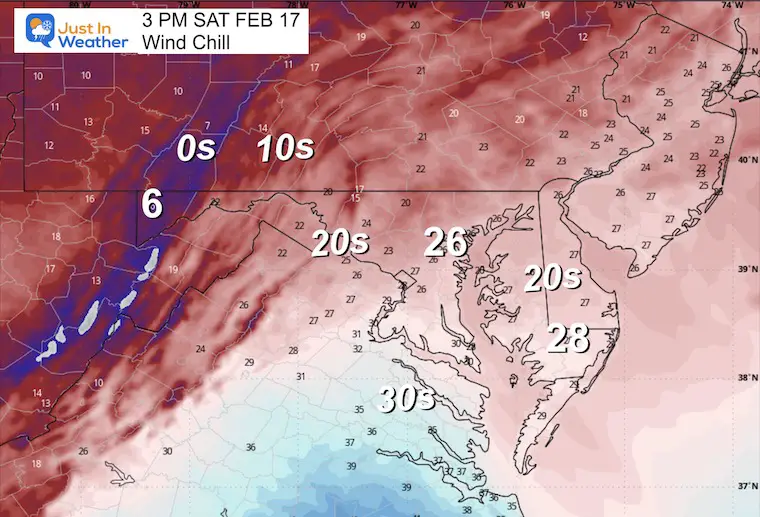 February 17 weather wind chill Saturday afternoon