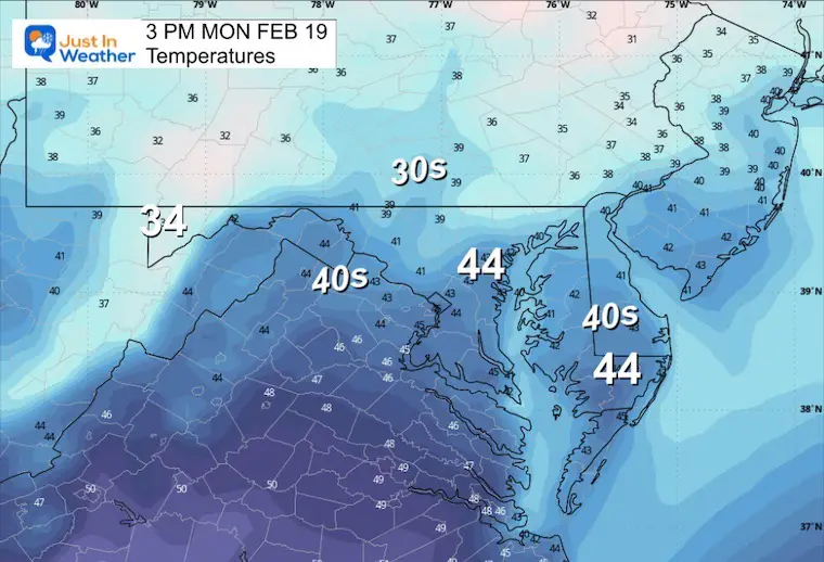 February 18 weather temperatures Monday afternoon