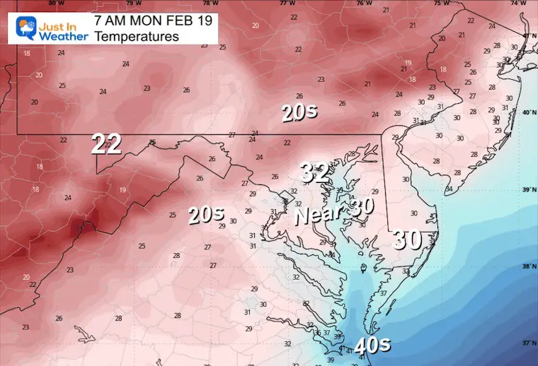 February 18 weather temperatures Monday morning
