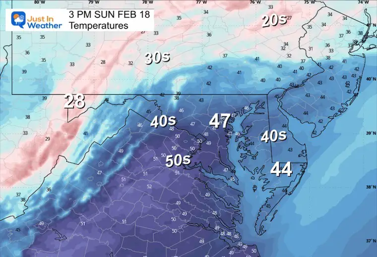 February 18 weather temperatures Sunday afternoon