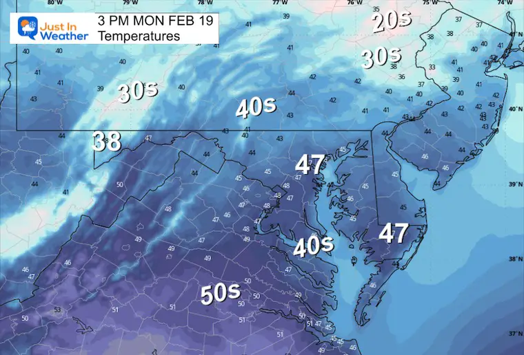 February 19 weather temperatures Monday afternoon
