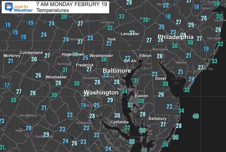 February 19 weather temperatures Monday morning
