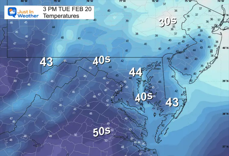 February 19 weather temperatures Tuesday afternoon