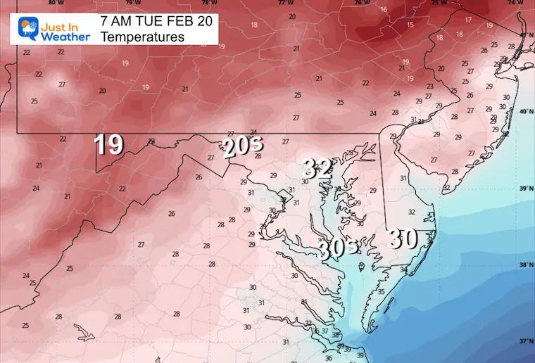 February 19 weather temperatures Tuesday morning