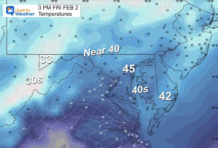 February 2 weather forecast temperatures Friday afternoon