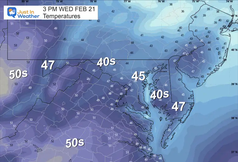 February 20 weather afternoon temperatures Wednesday