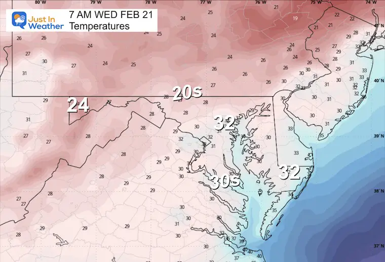 February 20 weather afternoon temperatures Wednesday morning