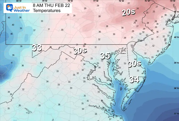 February 21 weather temperatures Thursday morning