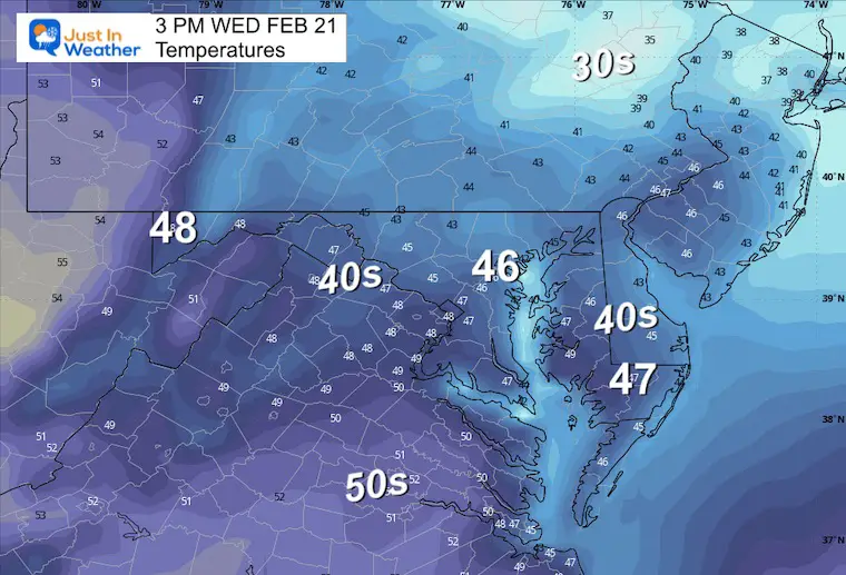 February 21 weather temperatures Wednesday afternoon