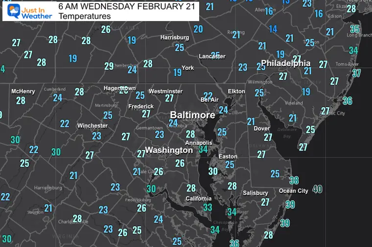 February 21 weather temperatures Wednesday morning