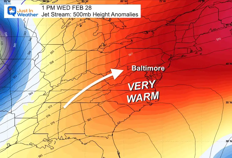 February 22 weather jet stream warm Wednesday