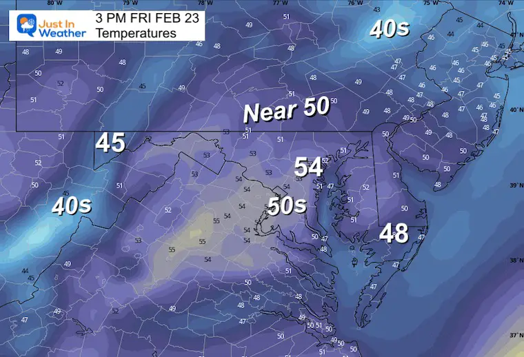 February 22 weather temperatures Friday afternoon