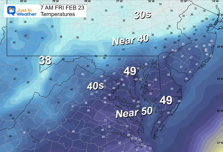 February 22 weather temperatures Friday morning