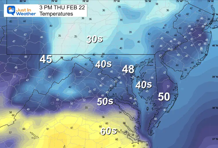 February 22 weather temperatures Thursday afternoon