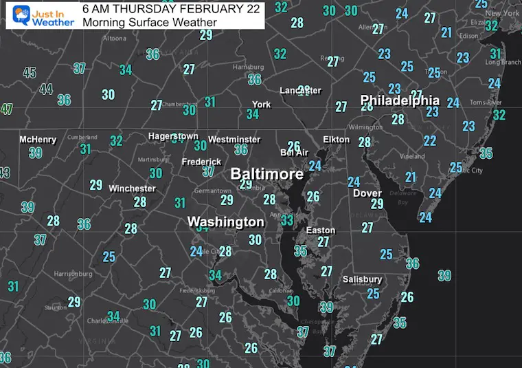 February 22 weather temperatures Thursday morning