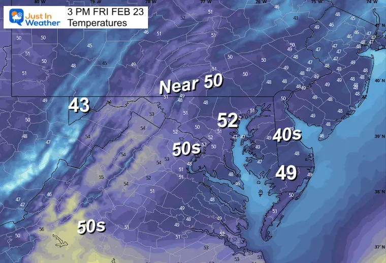 February 23 weather temperatures Friday afternoon