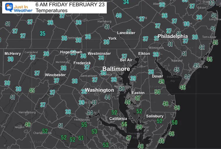 February 23 weather temperatures Friday morning