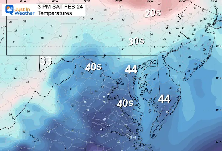 February 23 weather temperatures Saturday afternoon