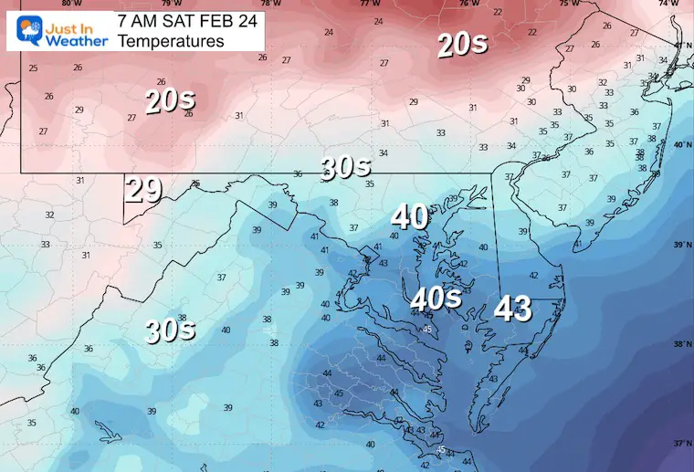 February 23 weather temperatures Saturday morning