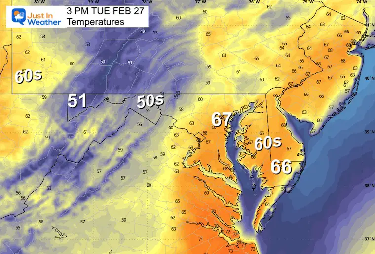 February 27 weather temperatures Tuesday afternoon