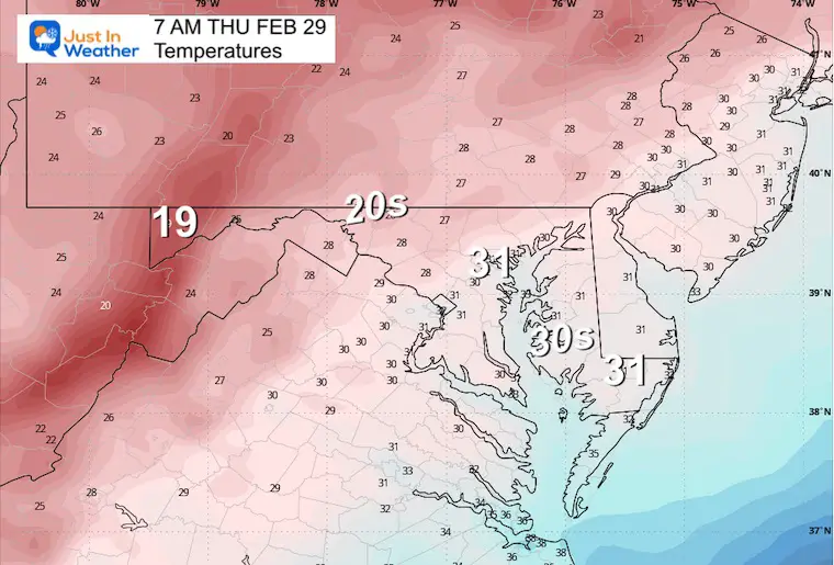 February 28 weather temperatures Thursday morning