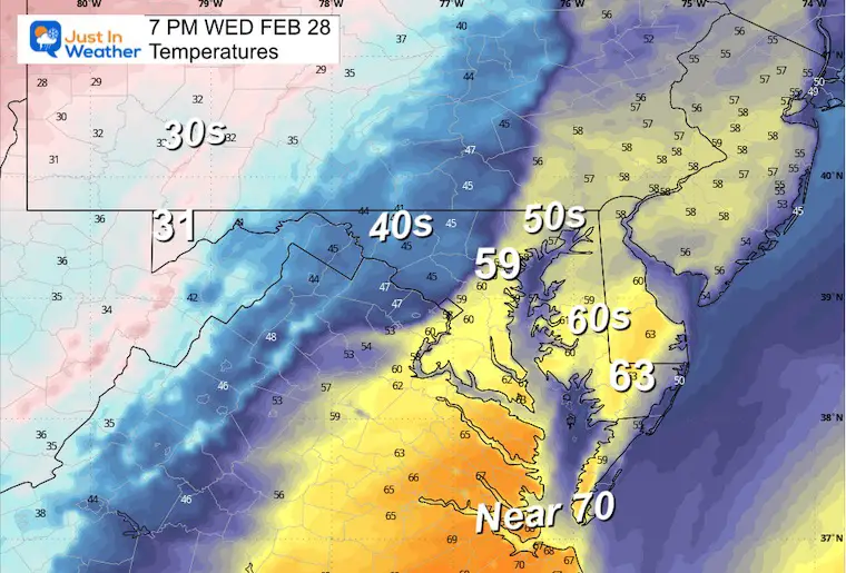 February 28 weather temperatures Wednesday evening