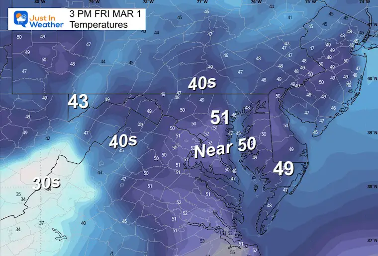 February 29 weather temperatures Friday afternoon