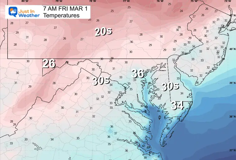 February 29 weather temperatures Friday morning