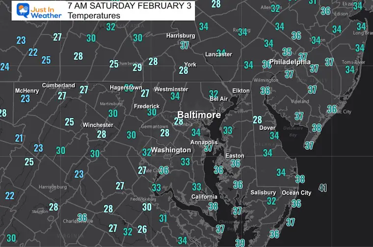 February 3 weather temperatures Saturday morning