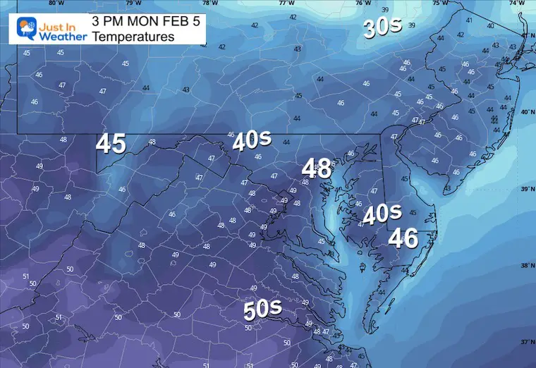 February 4 weather temperatures Monday afternoon