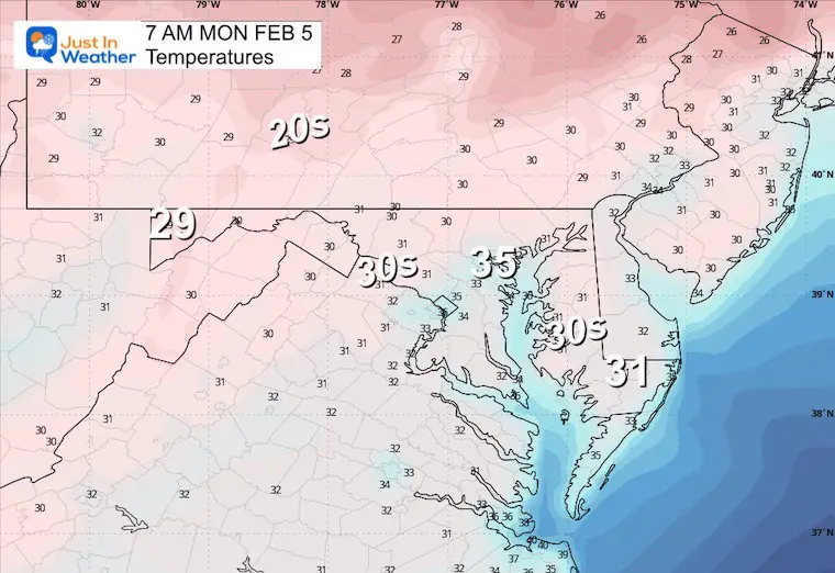 February 4 weather temperatures Monday morning