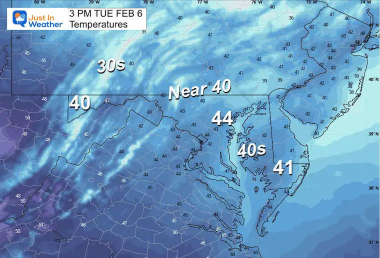February 6 weather temperatures Tuesday afternoon