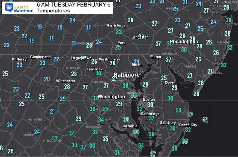 February 6 weather temperatures Tuesday Morning