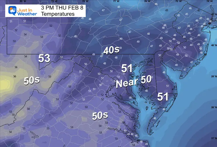 February 7 weather forecast temperatures Thursday afternoon
