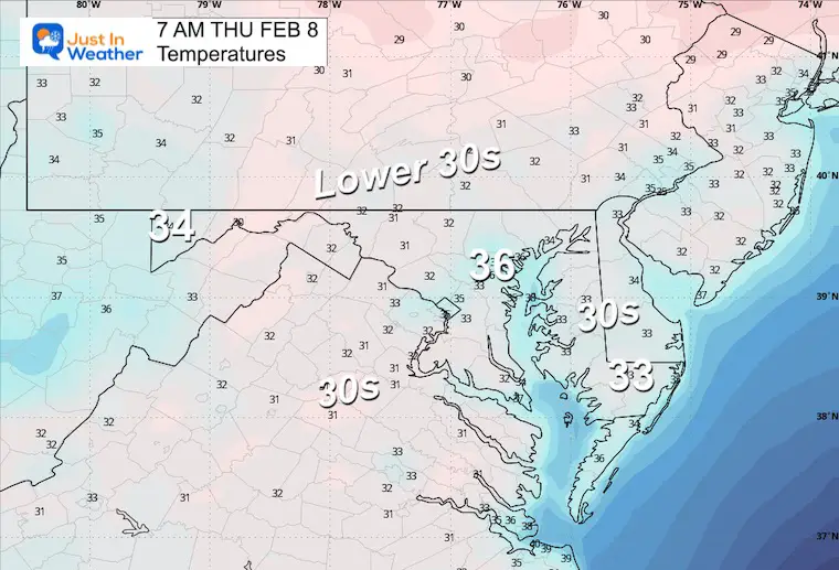 February 7 weather forecast temperatures Thursday morning