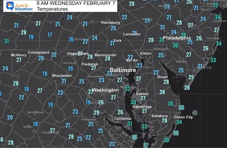 February 7 weather forecast temperatures Wednesday morning