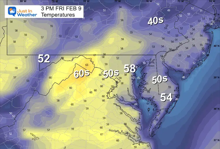 February 8 weather temperatures Friday afternoon