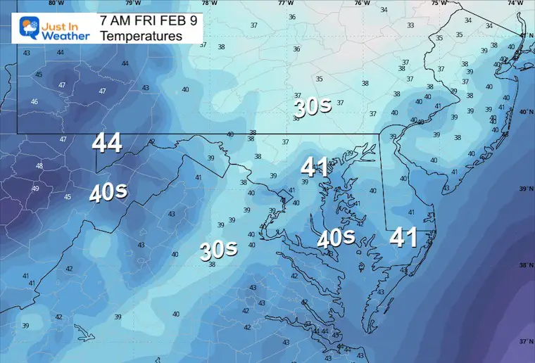 February 8 weather temperatures Friday morning