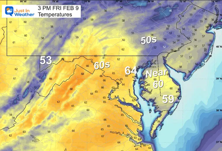 February 9 weather temperatures Friday afternoon