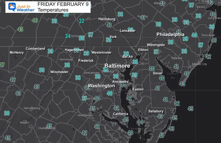 February 9 weather temperatures Friday morning