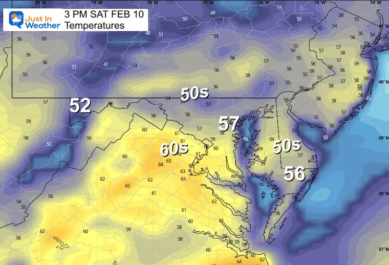 February 9 weather forecast temperatures Saturday afternoon